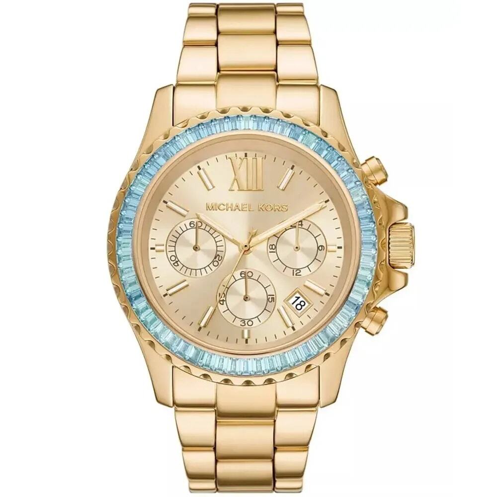 Michael Kors Everest Chronograph Gold Tone 42MM Glam Turquoise Baguette Watch